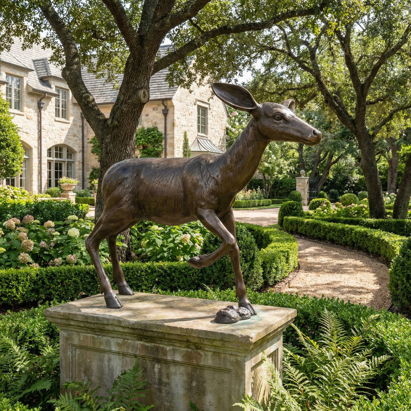 Bronze deer statue in a garden setting with a house in the background