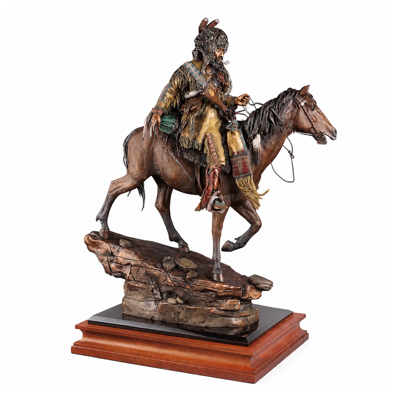 Mountain man bronze sculpture on white background. Titlle of sculpture is Down From High Lonesome. Artist is David Lemon