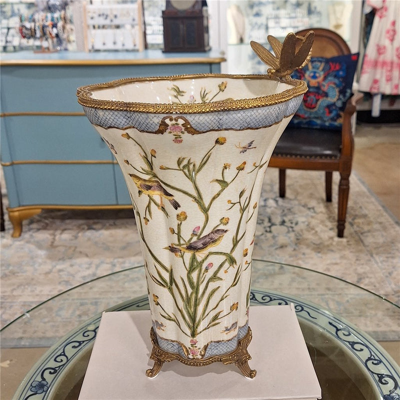 Dragonfly & Floral Vase-Porcelain & Bronze
