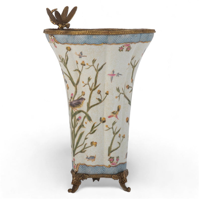 Dragonfly & Floral Vase-Porcelain & Bronze