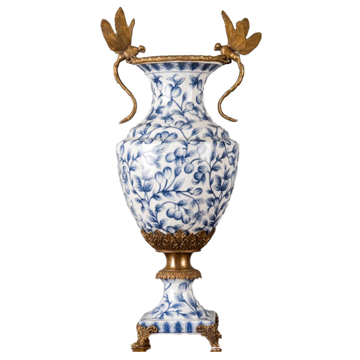 Blue & White Dragonfly & Floral Vase-Porcelain & Bronze