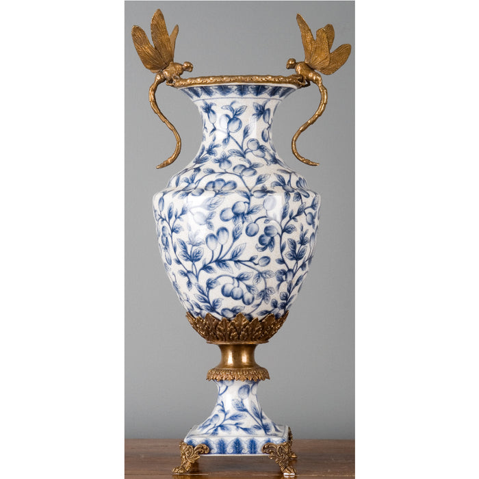Blue & White Dragonfly & Floral Vase-Porcelain & Bronze