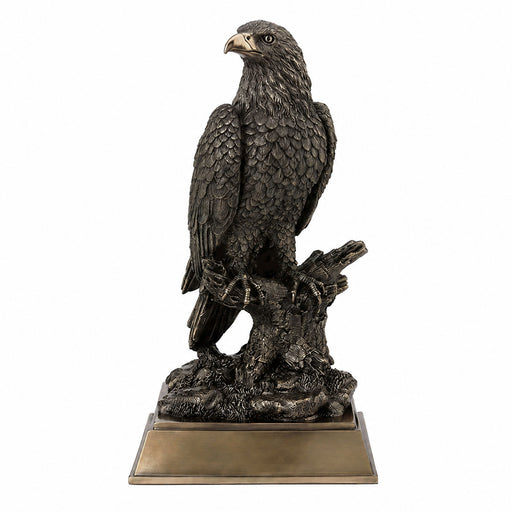 Medium size cold cast bronze statue of an eagle perched on a branch on a white background