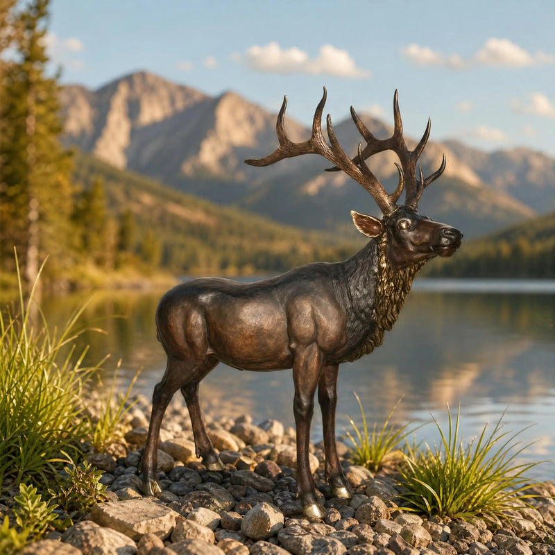 Bronze elk statue with mountains and lake in the background