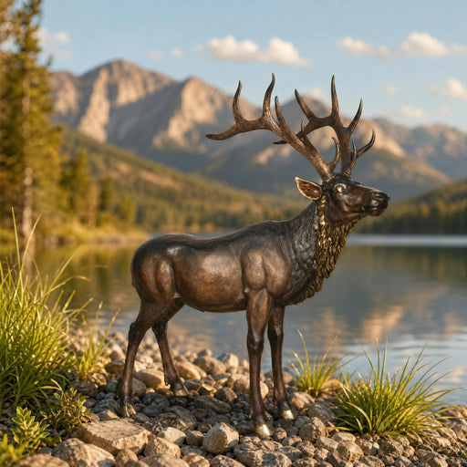 Bronze elk statue with mountains and lake in the background