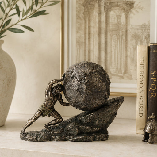 Eternal boulder statue table top. Roman books on on shelf