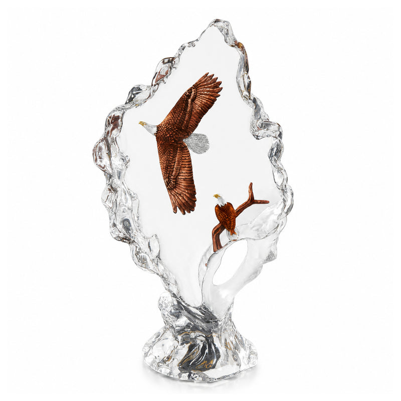acrylic sculpture with two eagles on a white background. Title of sculpture is Faithful by artist Kitty Cantrell