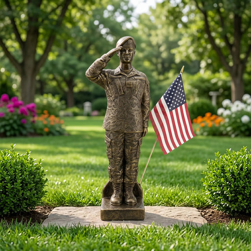 Statue of a female soldier saluting with an American flag in a garden setting