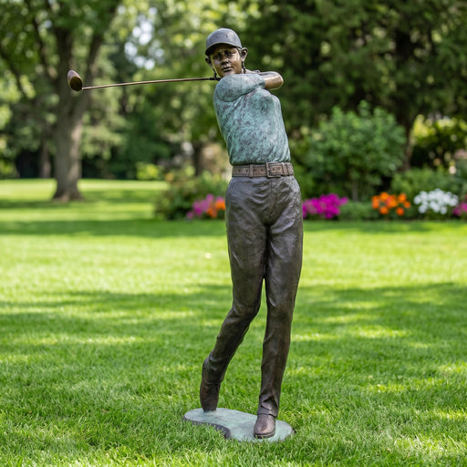 female woman golf statue in bronze for outdoor garden display