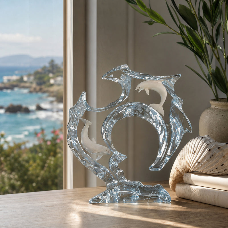 acrylic dolphin sculpture positioned near window. Title of the sculpture is Flow by Dan Medina