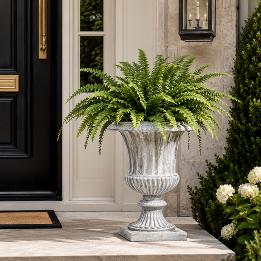 medium size fluted garden urn near door entrance with fern