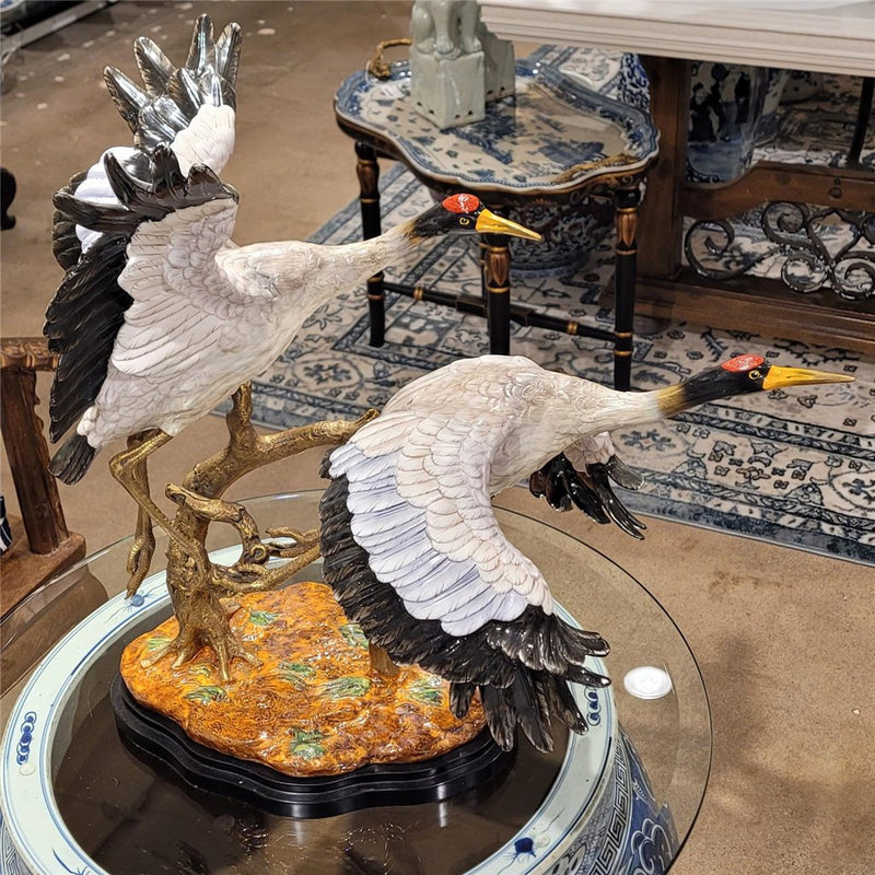 Double Flying Crane Sculpture-Porcelain & Bronze
