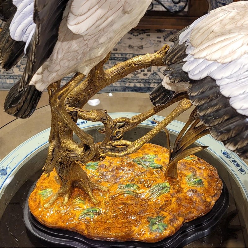 Double Flying Crane Sculpture-Porcelain & Bronze