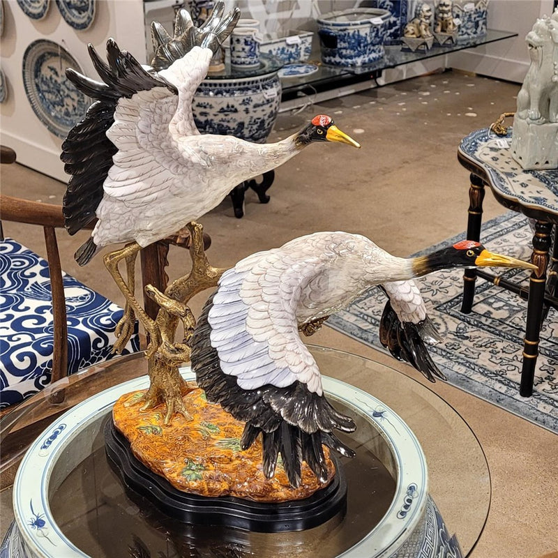 Double Flying Crane Sculpture-Porcelain & Bronze