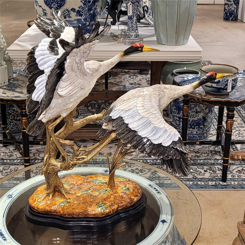 Double Flying Crane Sculpture-Porcelain & Bronze