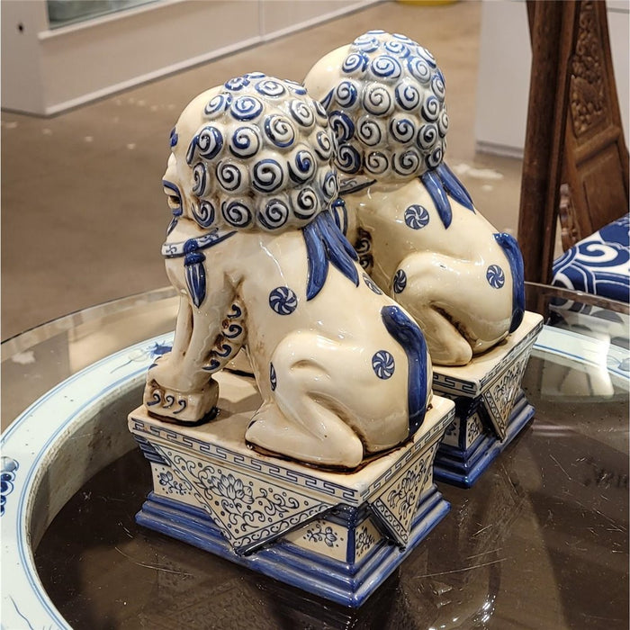 Blue & White Porcelain Foo Dog Statue Set of 2