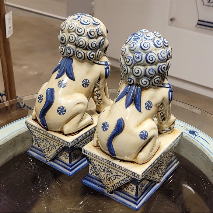 Blue & White Porcelain Foo Dog Statue Set of 2
