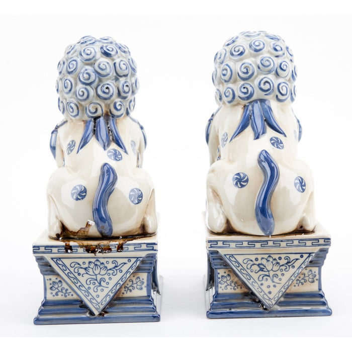 Blue & White Porcelain Foo Dog Statue Set of 2