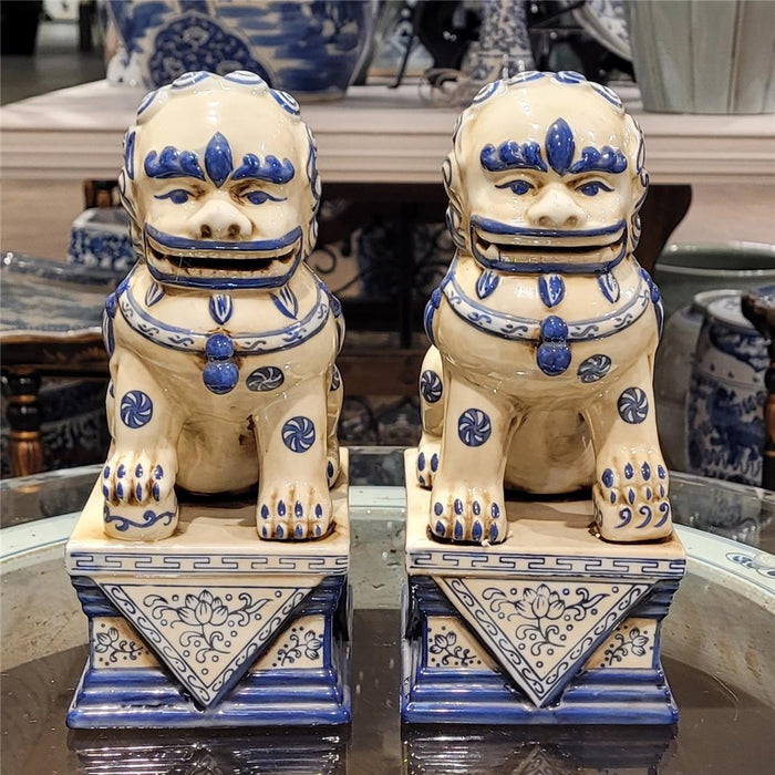 Blue & White Porcelain Foo Dog Statue Set of 2