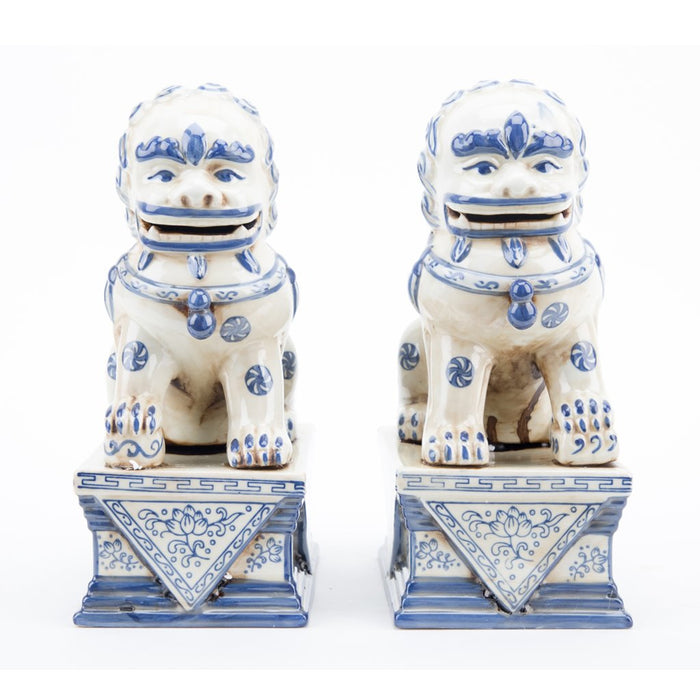 Blue & White Porcelain Foo Dog Statue Set of 2