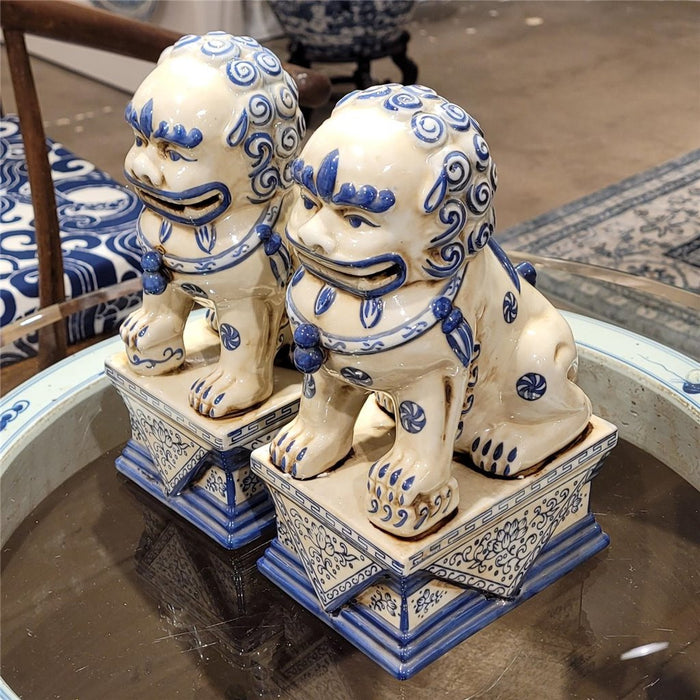 Blue & White Porcelain Foo Dog Statue Set of 2