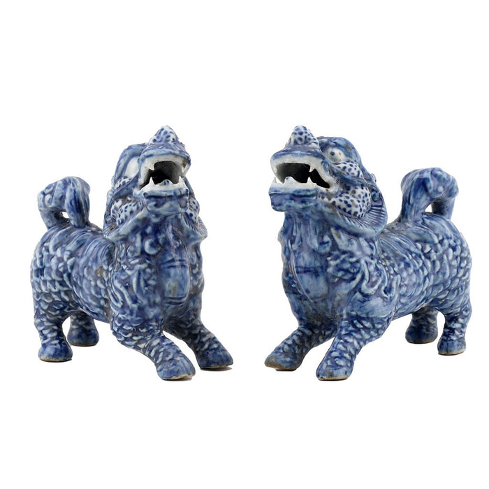 Chinese Blue & White Porcelain Foo Dogs Statue Set of 2