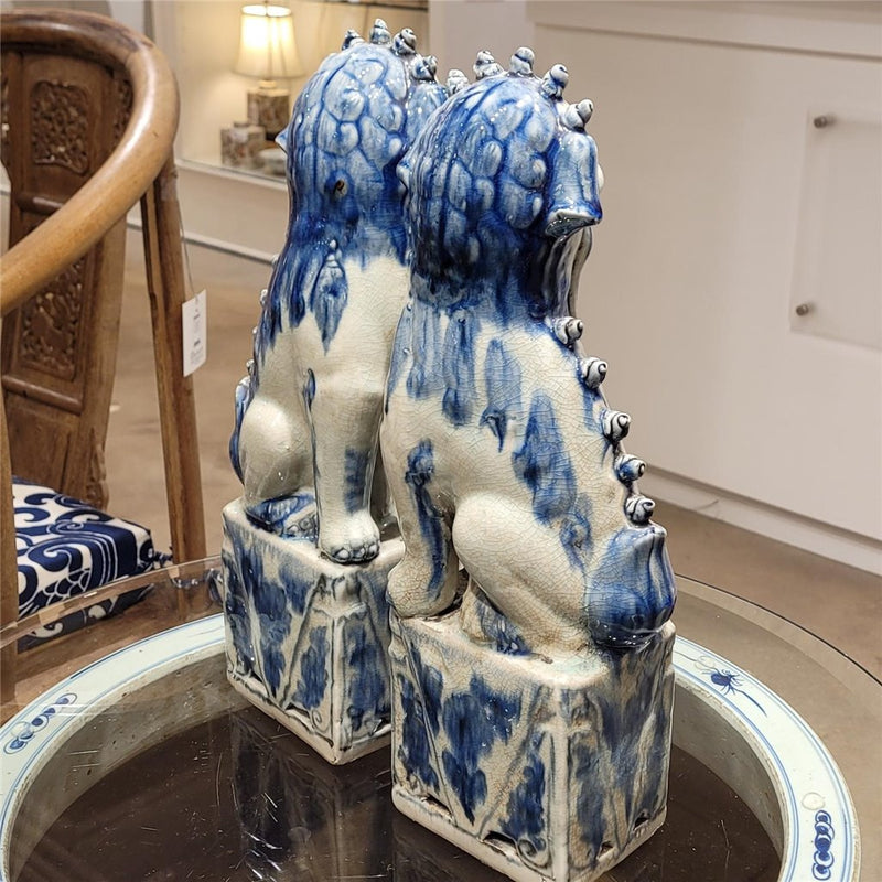 Blue & White Porcelain Foo Dogs Statue Pair of 2