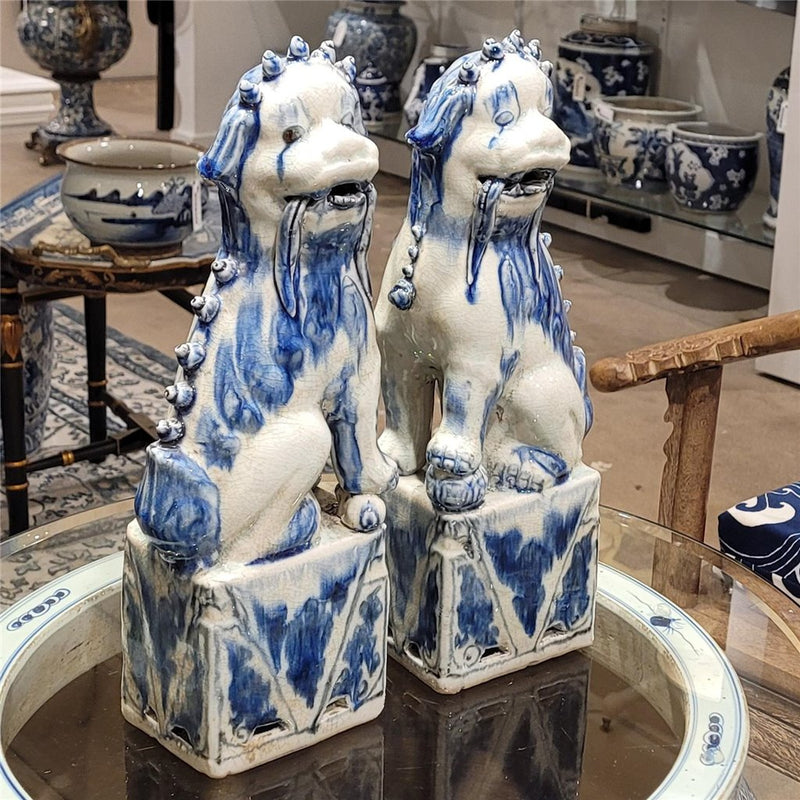 Blue & White Porcelain Foo Dogs Statue Pair of 2