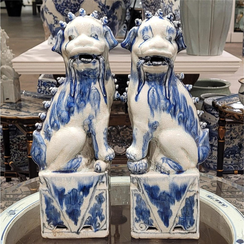 Blue & White Porcelain Foo Dogs Statue Pair of 2