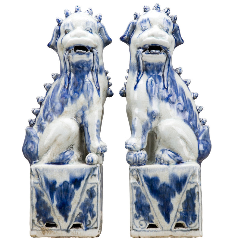 Blue & White Porcelain Foo Dogs Statue Pair of 2