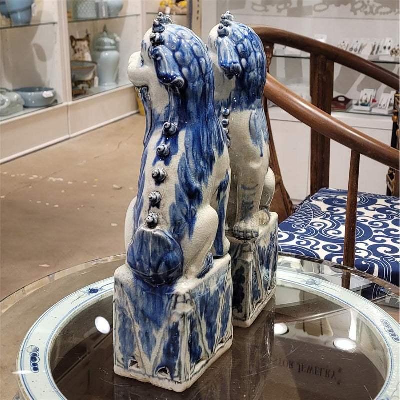 Blue & White Porcelain Foo Dogs Statue Pair of 2