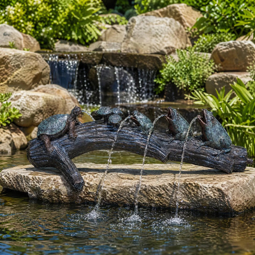Decorative fountain with turtles and frog on a log in a garden setting with a waterfall.