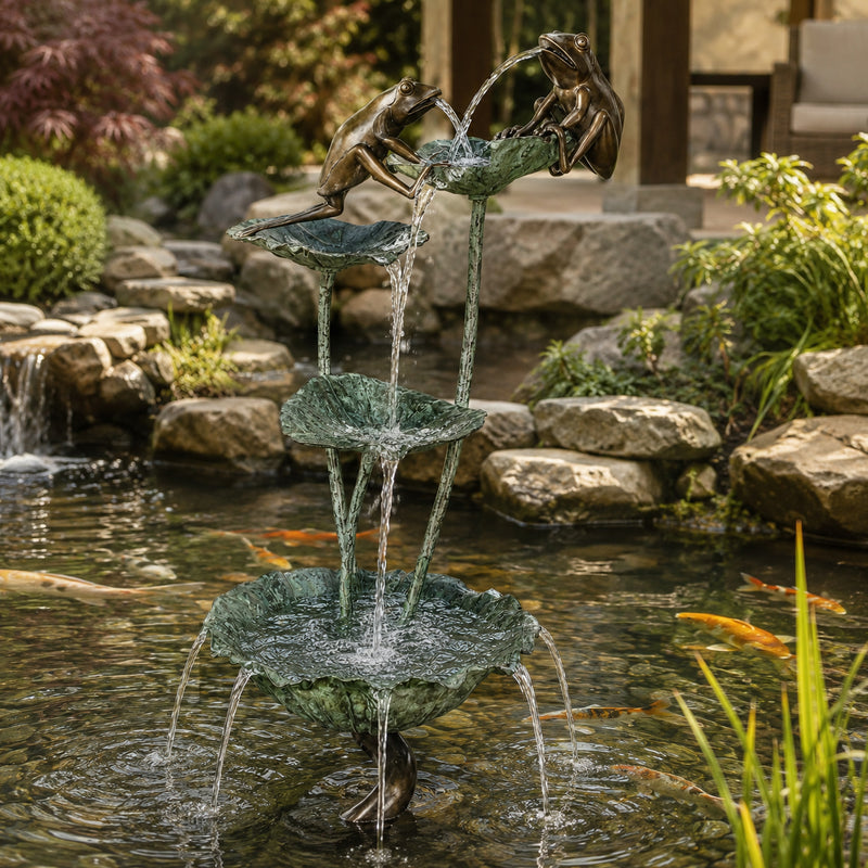 Frog Fountain with water feature in a garden setting