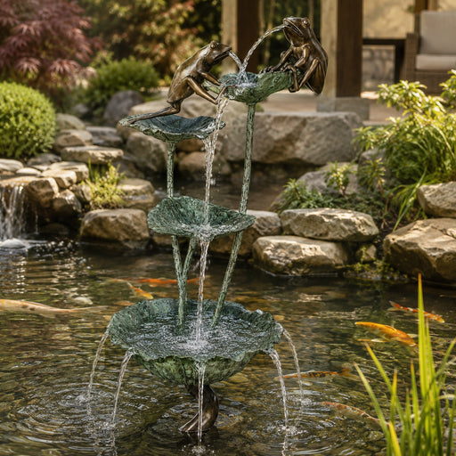 Frog Fountain with water feature in a garden setting
