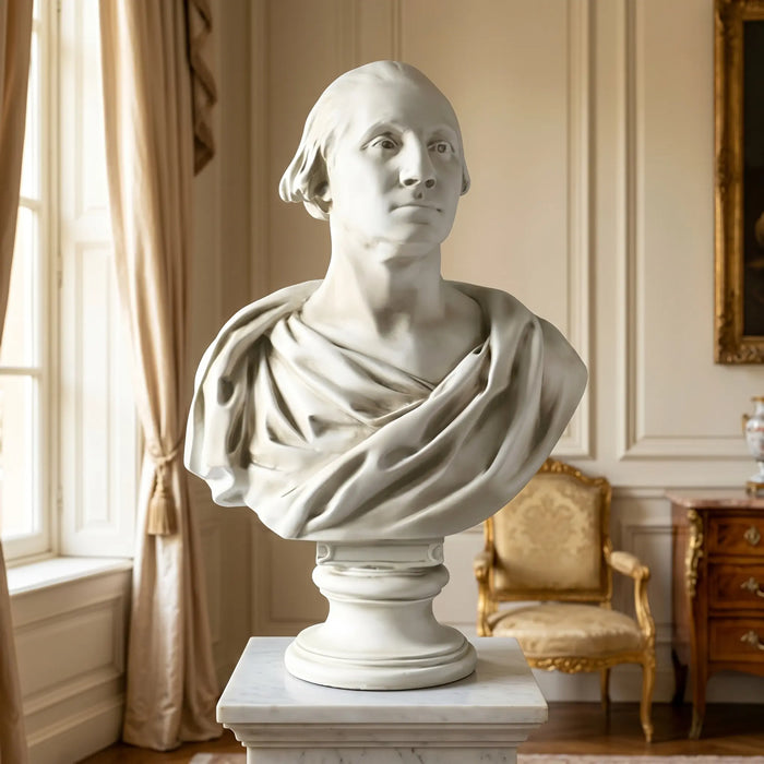  bust of a classical figure of George Washington in an elegant room.
