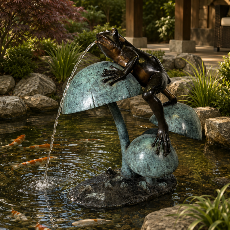 Frog on Mushroom Bronze Fountain