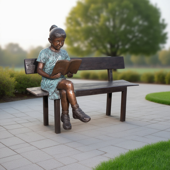 Young Girl Reading on Bench Bronze Sculpture