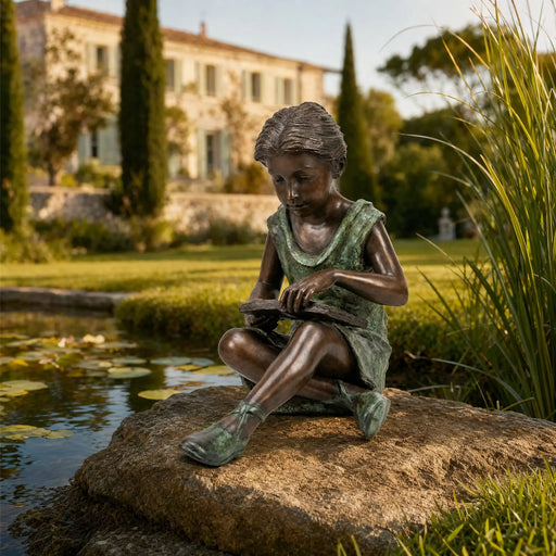 Bronze statue of a girl reading by a pond with a scenic background
