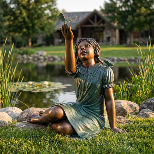 bronze garden statue of a girl sitting with butterfly in hand