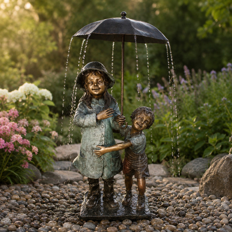 Boy and Girl with Umbrella Bronze Sculpture Fountain