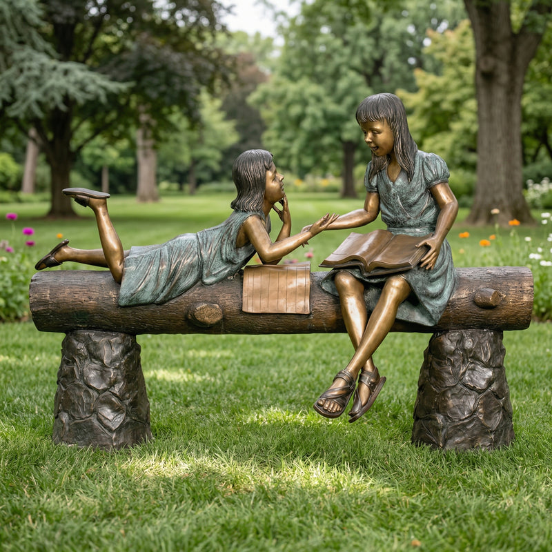 Girls Reading Book on Bench Bronze Sculpture