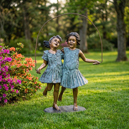 Bronze statue of two girls playing with a jump rope in a garden setting