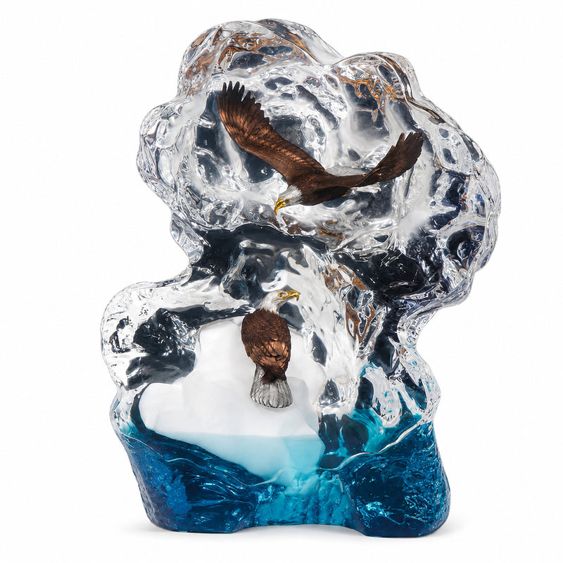 Glacial Voyage sculpture by Kitty Cantrell. Subject is two bald eagles in a natural setting with water and rock