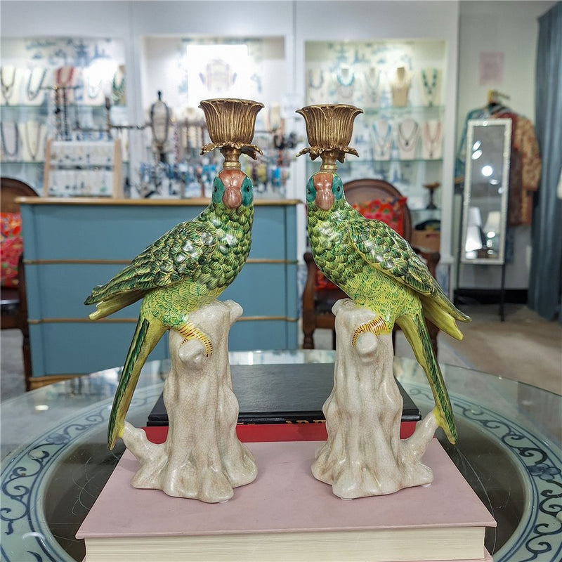 Green Parrot Candle Holders-Porcelain & Bronze