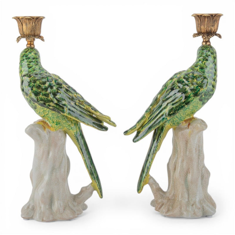Green Parrot Candle Holders-Porcelain & Bronze