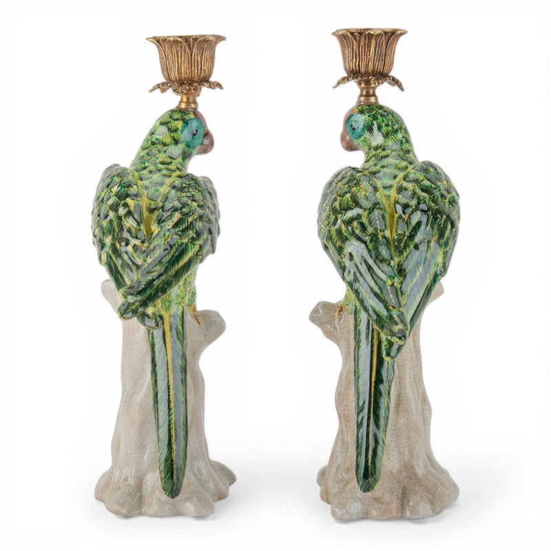Green Parrot Candle Holders-Porcelain & Bronze