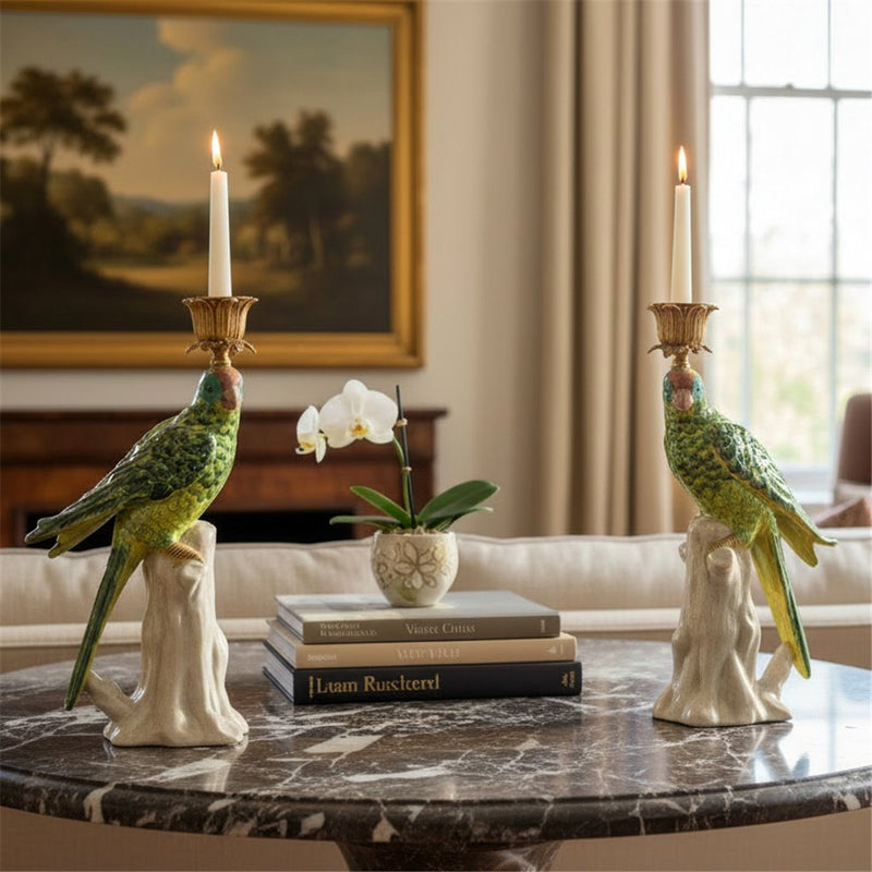 Green Parrot Candle Holders-Porcelain & Bronze