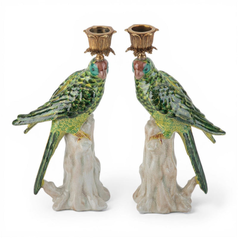 Green Parrot Candle Holders-Porcelain & Bronze