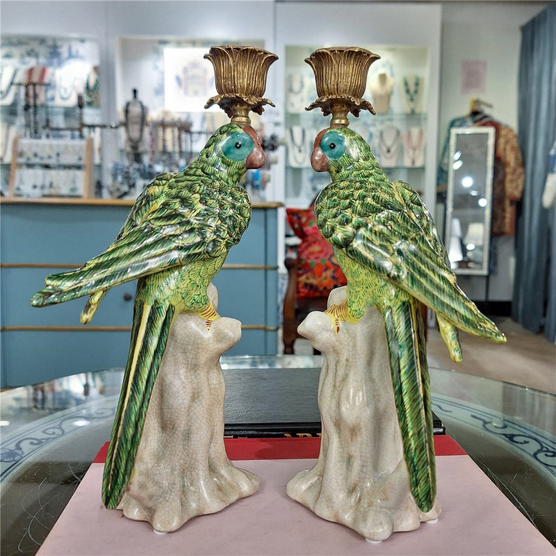 Green Parrot Candle Holders-Porcelain & Bronze