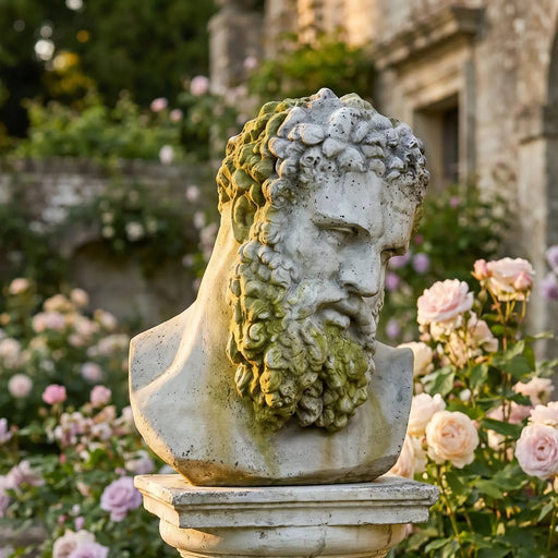 Bust of Hercules in garden with roses in background